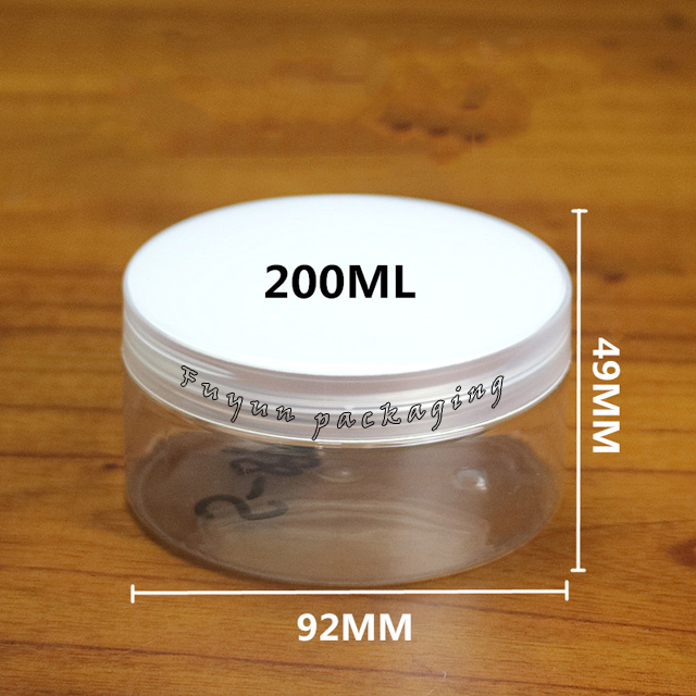 Empty 200ml transparent plastic pet food jar with aluminum lid