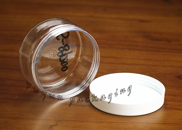 Empty 200ml transparent plastic pet food jar with aluminum lid