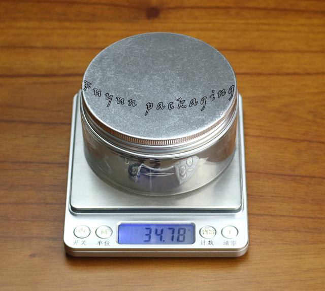 Empty 200ml transparent plastic pet food jar with aluminum lid