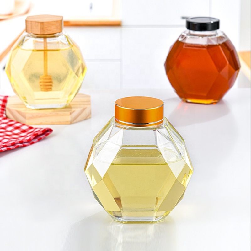 Empty 2021 luxury 380ml glass unique hexagonal honey jar packaging with wooden lid for honey modern