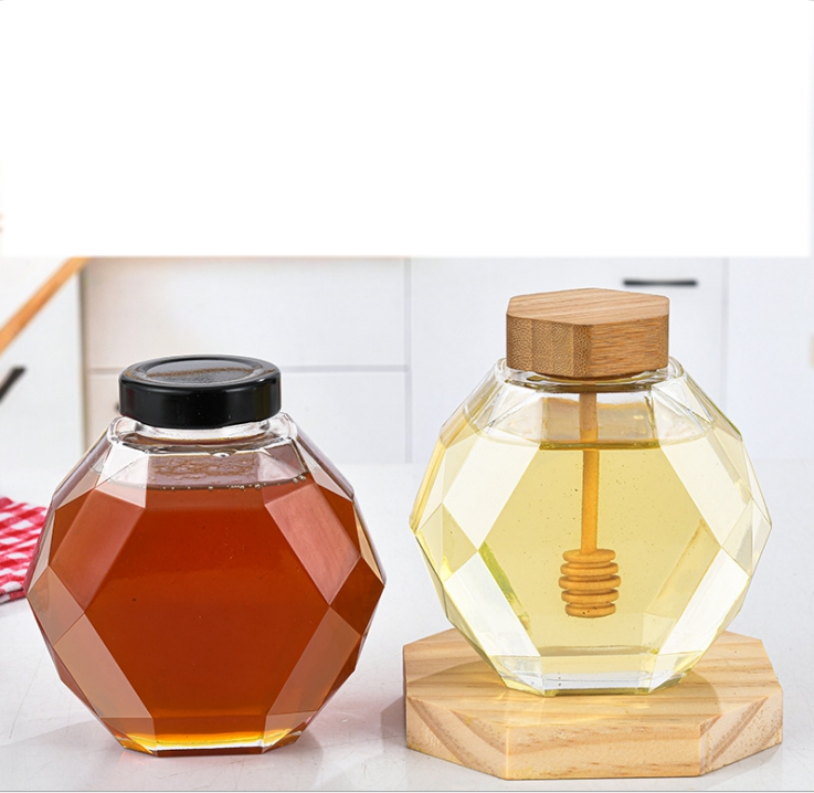 Empty 2021 luxury 380ml glass unique hexagonal honey jar packaging with wooden lid for honey modern