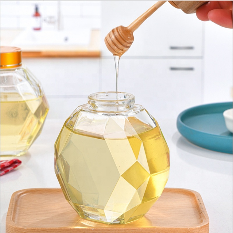 Empty 2021 luxury 380ml glass unique hexagonal honey jar packaging with wooden lid for honey modern