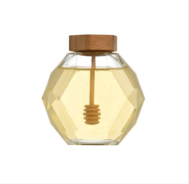 Empty 2021 luxury 380ml glass unique hexagonal honey jar packaging with wooden lid for honey modern