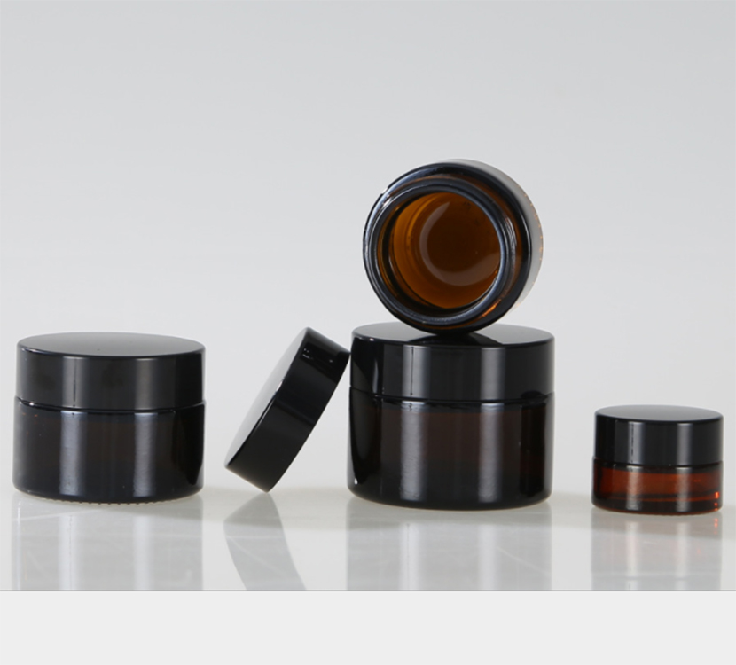Empty 20g 30g 50g amber glass cosmetic jar container with black gold lid for lotion
