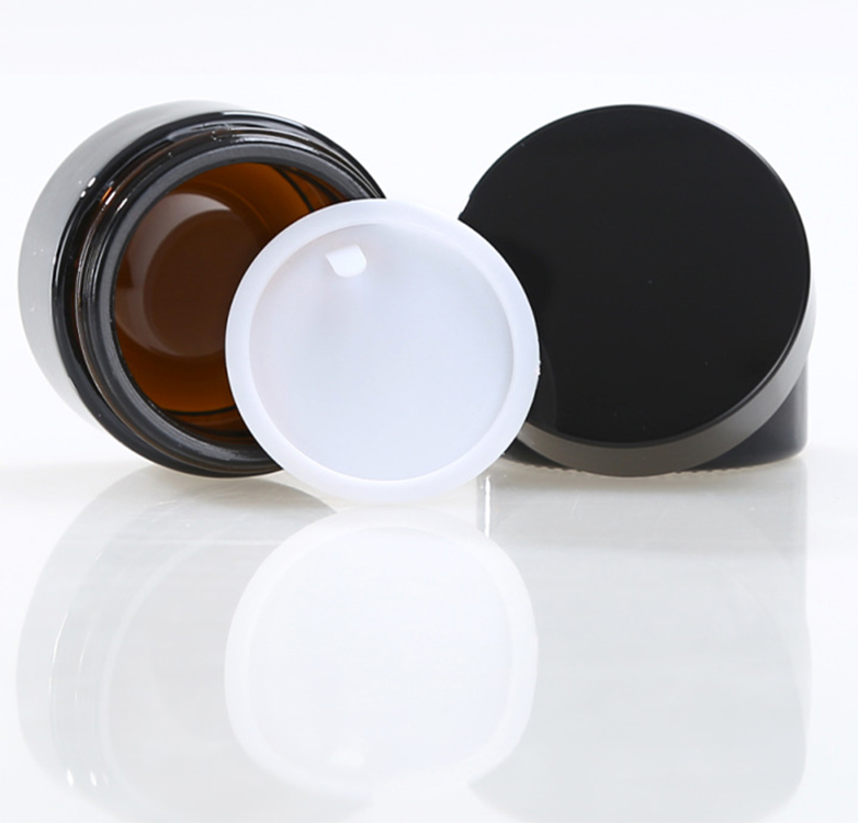 Empty 20g 30g 50g amber glass cosmetic jar container with black gold lid for lotion