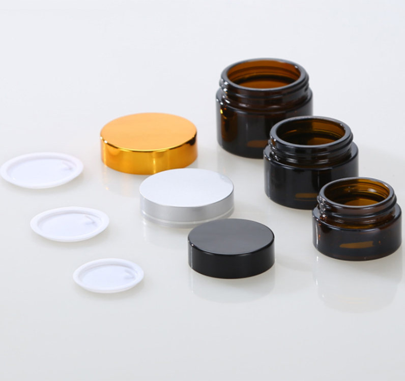 Empty 20g 30g 50g amber glass cosmetic jar container with black gold lid for lotion