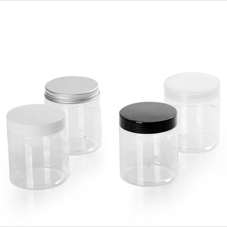 Empty 250g crystal clear transparent plastic PET cosmetic mask jar facial cream containers with white black silver lid