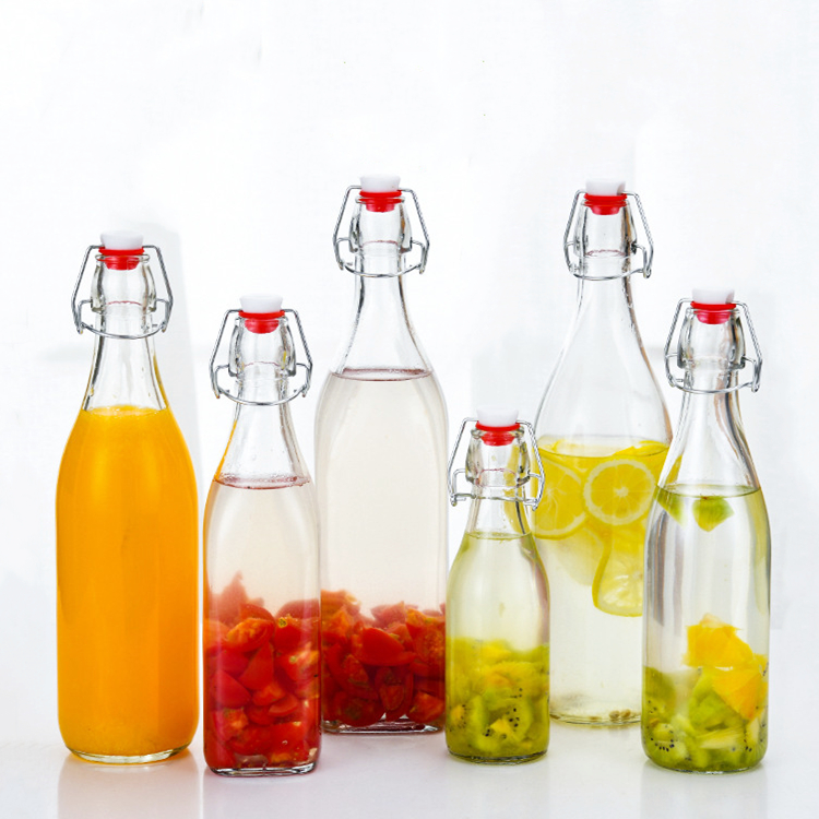 Empty 250ml 500ml 750ml 1000ml clear glass sealed bottle with clip top lid for wine liquor ferment drinking
