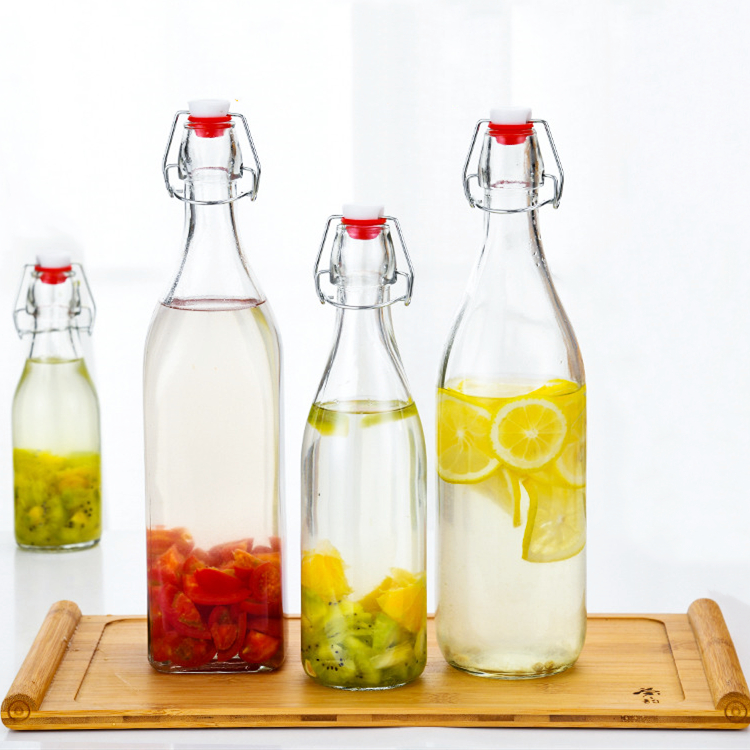 Empty 250ml 500ml 750ml 1000ml clear glass sealed bottle with clip top lid for wine liquor ferment drinking
