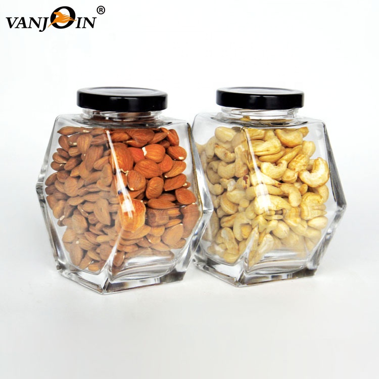 Empty 300g 500g Hexagon Glass Honey Jar With Twist Lid Canning Jars