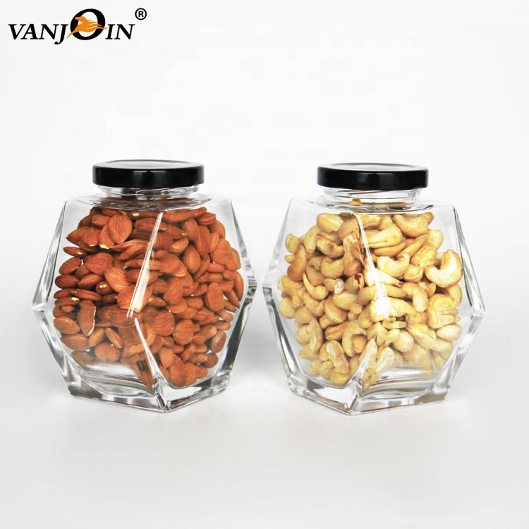 Empty 300g 500g Hexagon Glass Honey Jar With Twist Lid Canning Jars