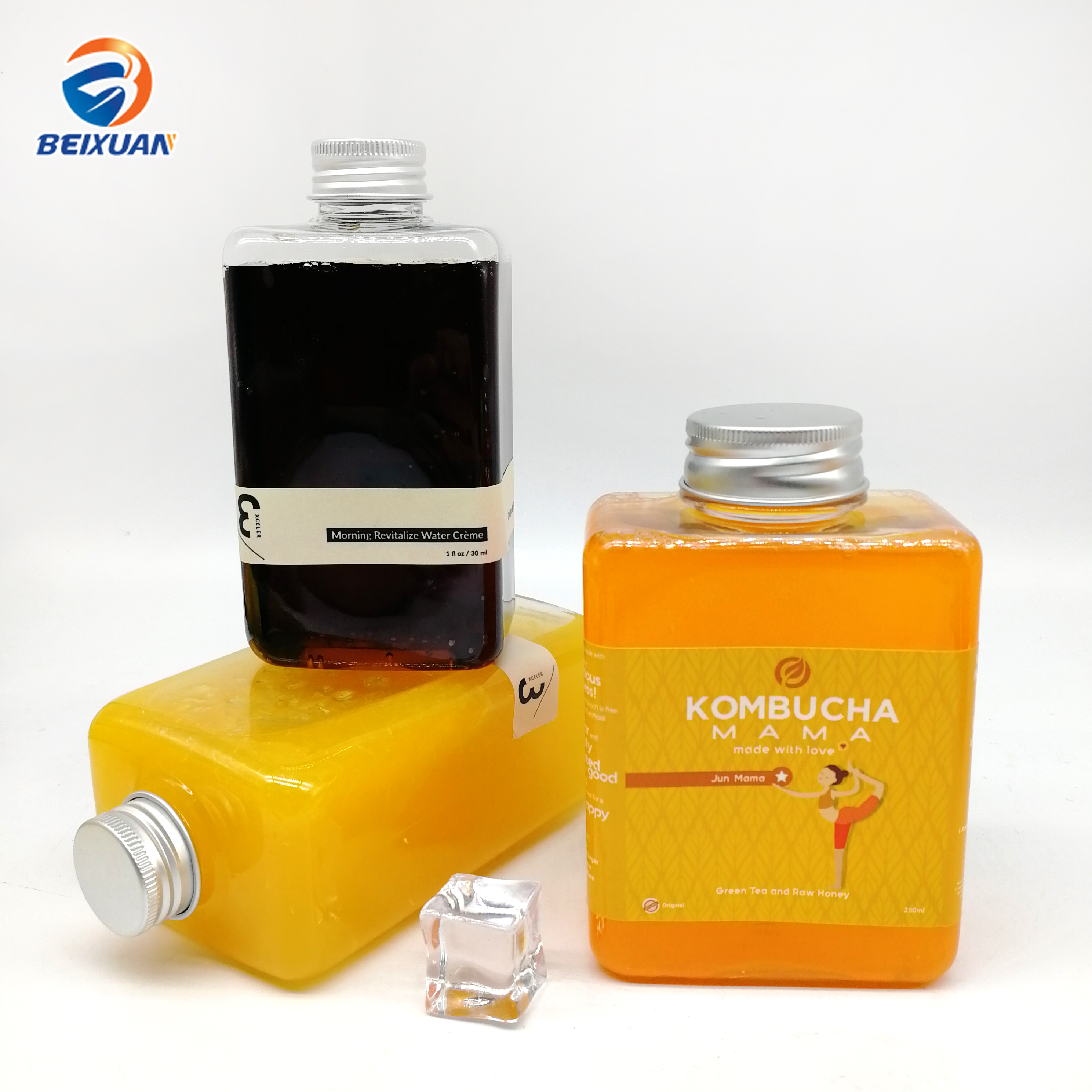 Empty 300ml 350ml 500ml square Juice Beverage Kombucha plastic Water Bottle With aluminum lid