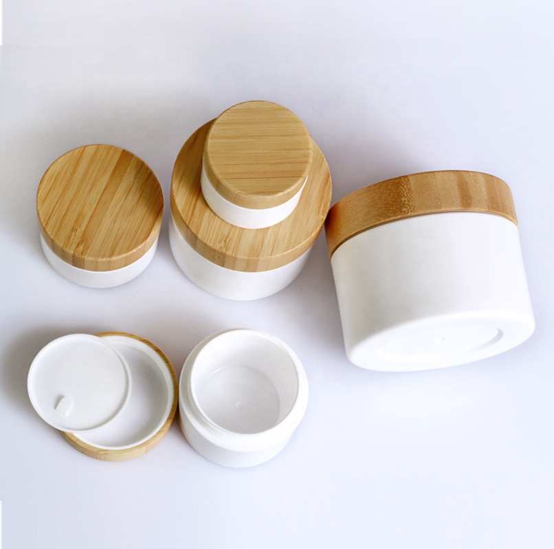 Empty 30g 50g 100g 150g 200g 250g white cosmetic plastic cream jar with bamboo lid