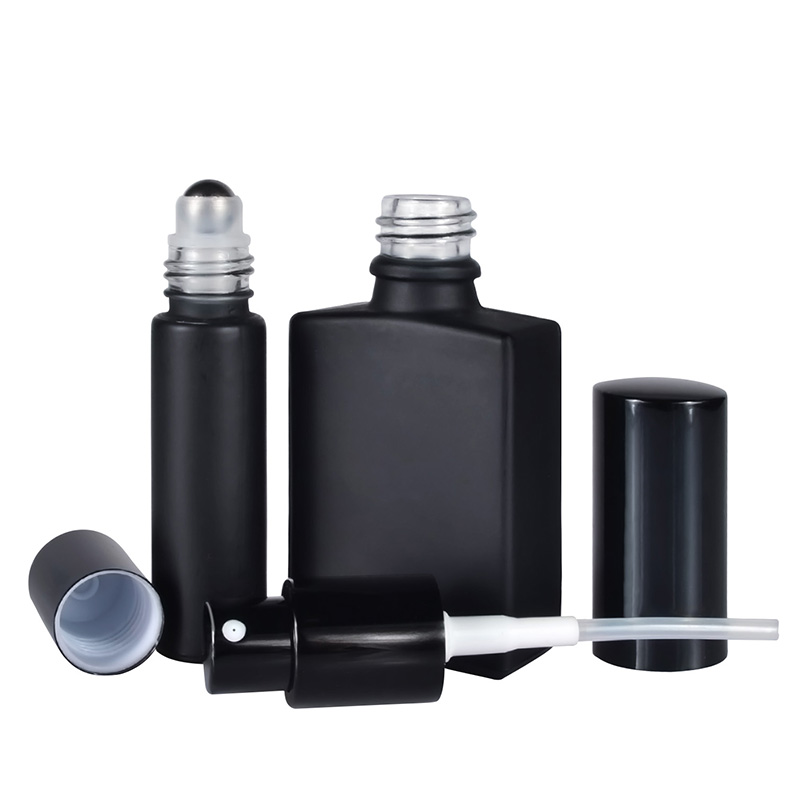 Empty 30ml 50ml 100ml round rectangular frosted black perfume glass spray bottle 10ml glass roll on bottle with aluminum cap