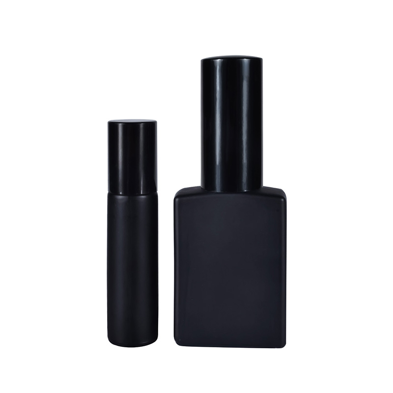 Empty 30ml 50ml 100ml round rectangular frosted black perfume glass spray bottle 10ml glass roll on bottle with aluminum cap