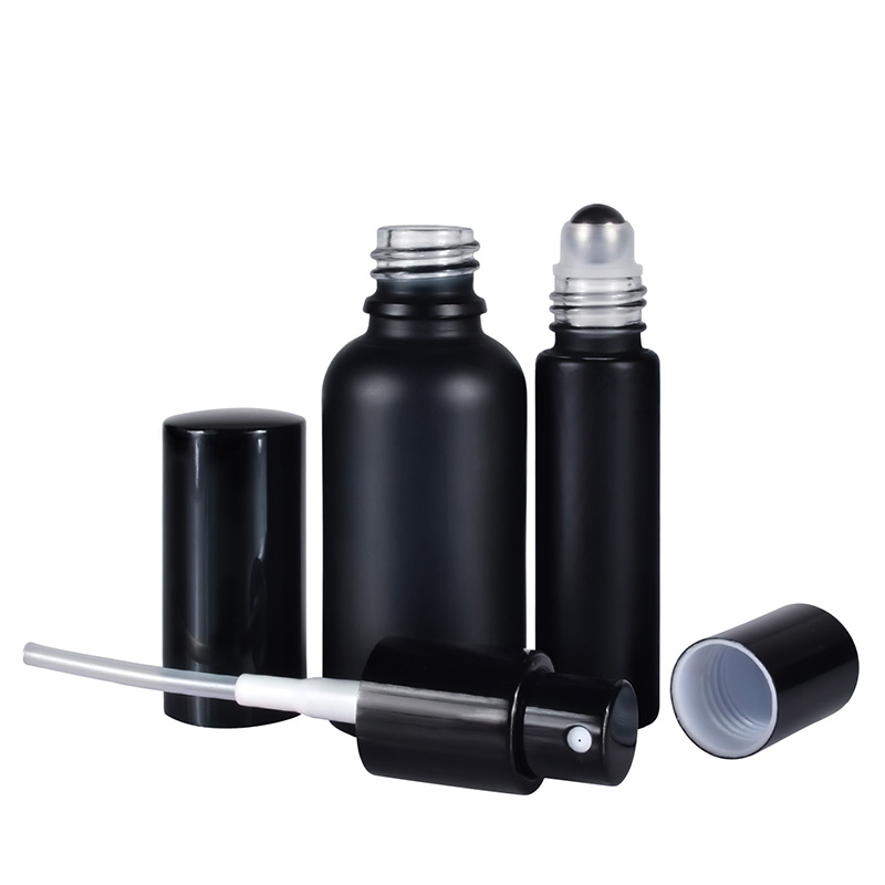 Empty 30ml 50ml 100ml round rectangular frosted black perfume glass spray bottle 10ml glass roll on bottle with aluminum cap