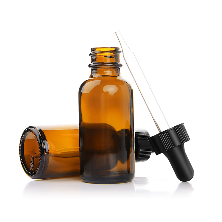 Empty 30ml amber boston round glass bottle with dropper