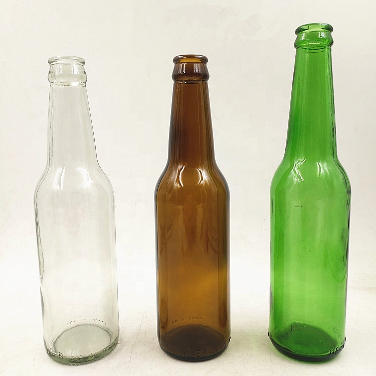 Empty 330ml clear amber green glass beer bottle with 26mm crown cap