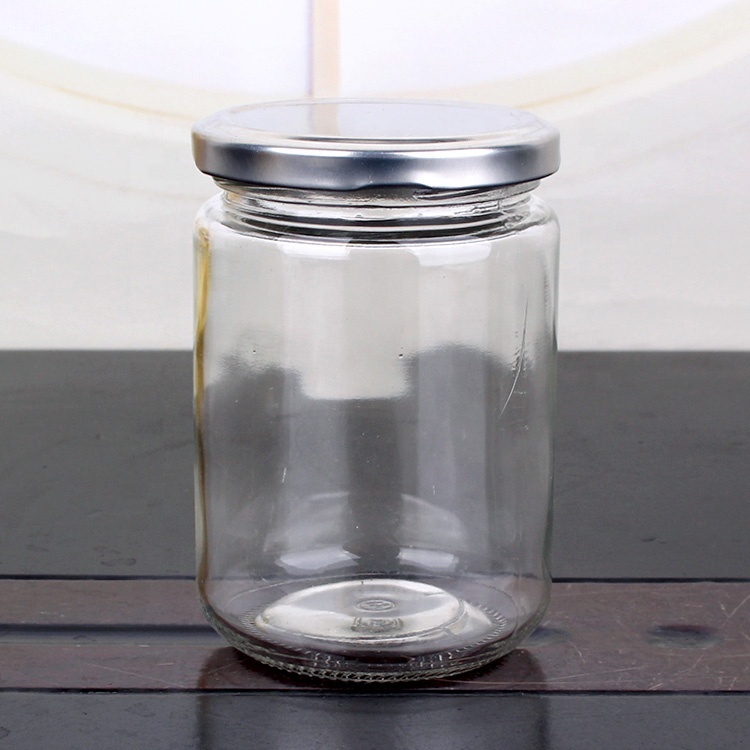 Empty 350ml wide mouth round clear pickle chilli sauce glass food storage jar with metal lid