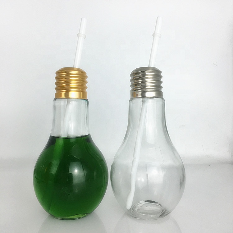 Empty 400ml light bulb shape glass juice/ water/ pearl milk tea bottle with straw lid