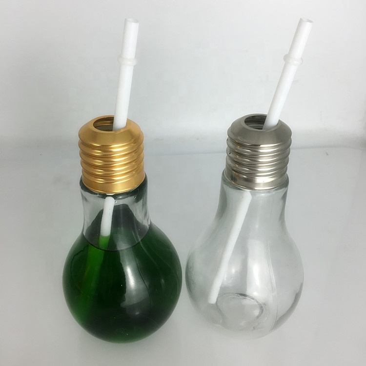 Empty 400ml light bulb shape glass juice/ water/ pearl milk tea bottle with straw lid