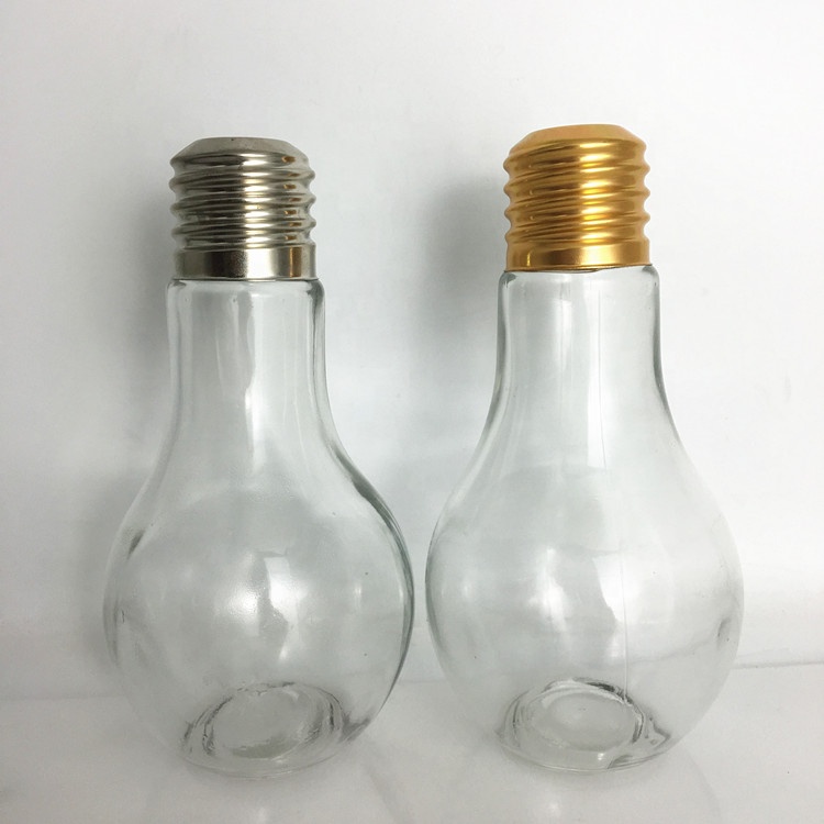 Empty 400ml light bulb shape glass juice/ water/ pearl milk tea bottle with straw lid