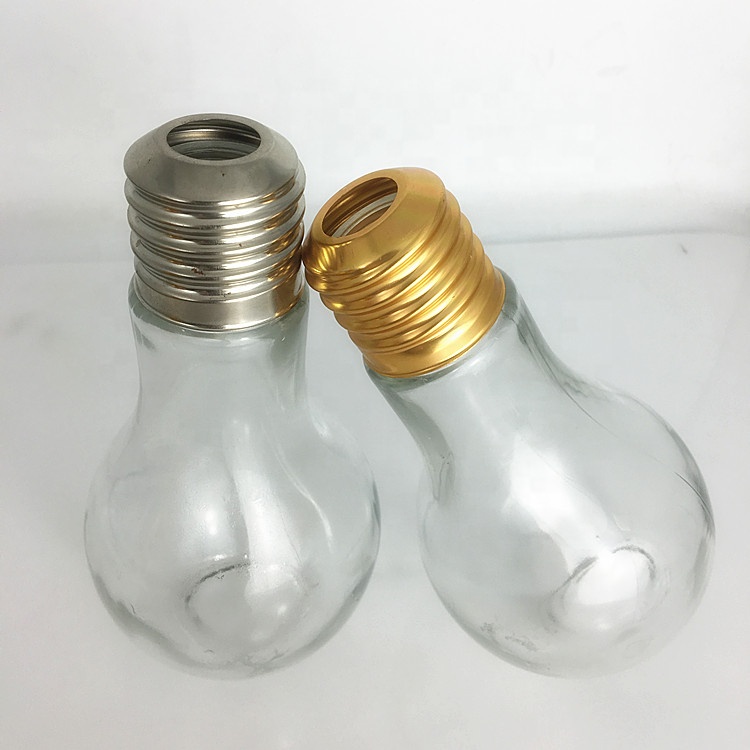 Empty 400ml light bulb shape glass juice/ water/ pearl milk tea bottle with straw lid