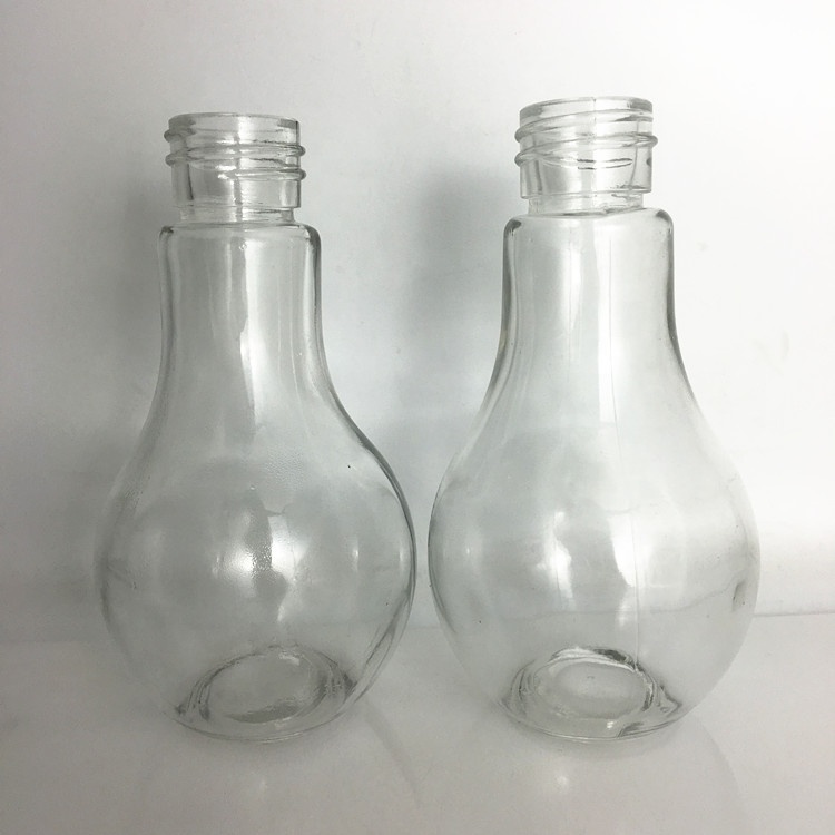 Empty 400ml light bulb shape glass juice/ water/ pearl milk tea bottle with straw lid