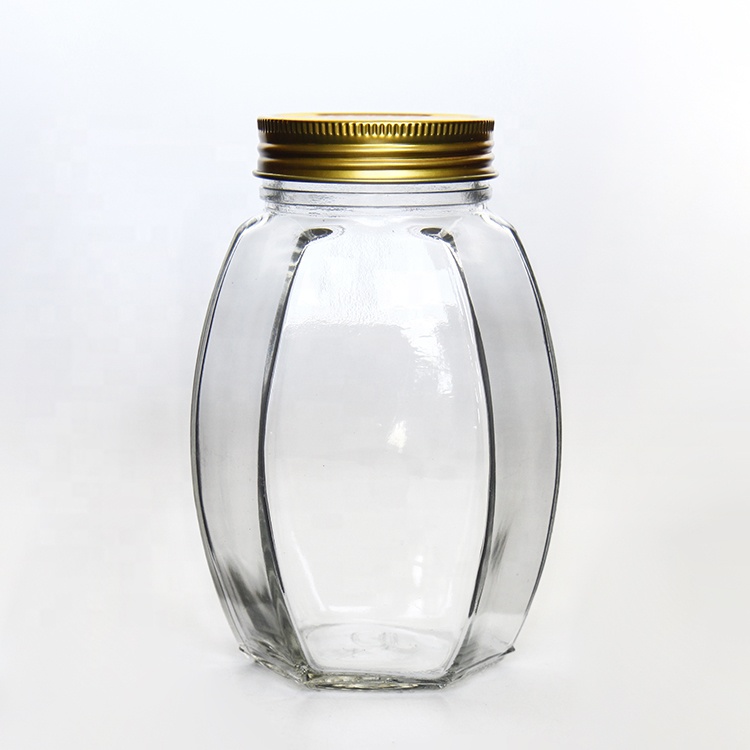 Empty 500g 1000g Glass Honey Jar Hexagon Pumpkin Shape With Gold Screw Lid Wholesale