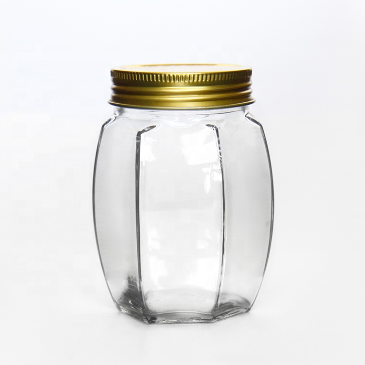 Empty 500g 1000g Glass Honey Jar Hexagon Pumpkin Shape With Gold Screw Lid Wholesale