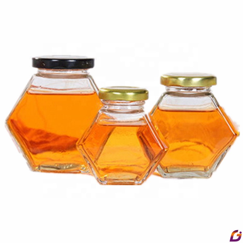 Empty 500g hexagon glass honey jar 100ml 180ml 280ml 380ml