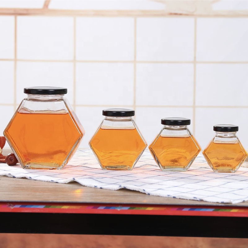 Empty 500g hexagon glass honey jar 100ml 180ml 280ml 380ml