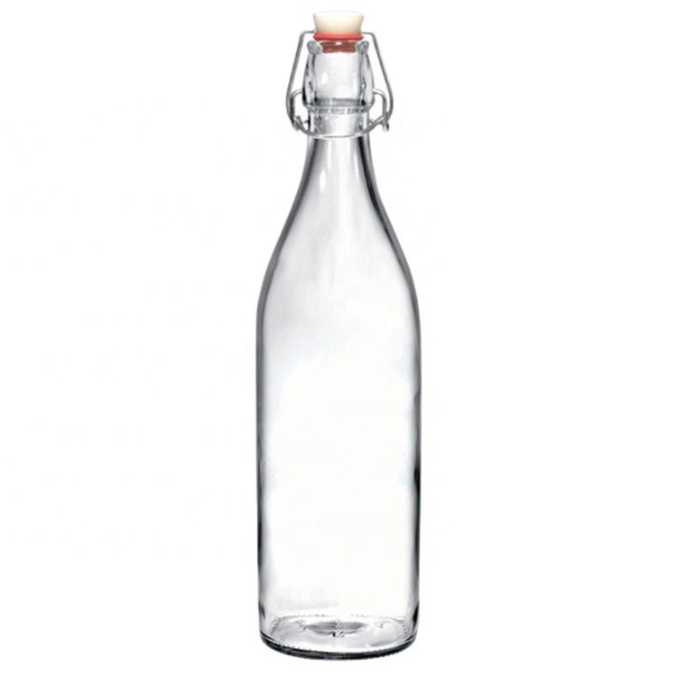 Empty 500ml 750ml 1000m Clear Round Square Glass Beverage Juice Milk Bottle With Easy Open Swing Top Clamp Cap