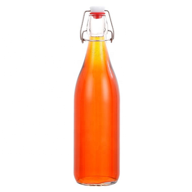 Empty 500ml 750ml 1000m Clear Round Square Glass Beverage Juice Milk Bottle With Easy Open Swing Top Clamp Cap
