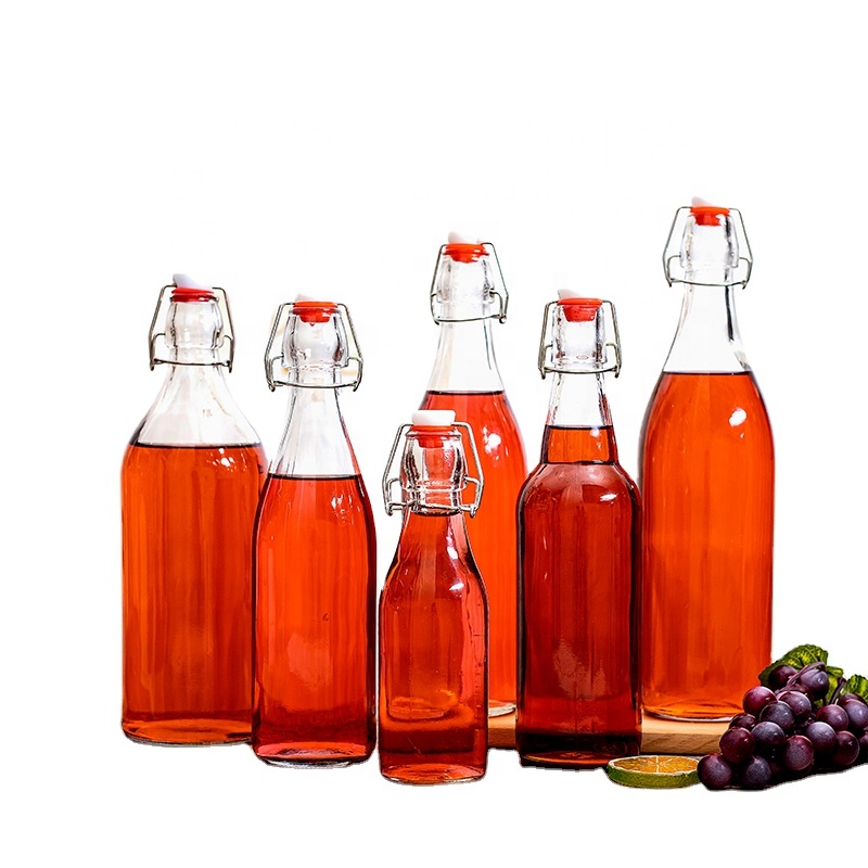 Empty 500ml 750ml 1000m Clear Round Square Glass Beverage Juice Milk Bottle With Easy Open Swing Top Clamp Cap
