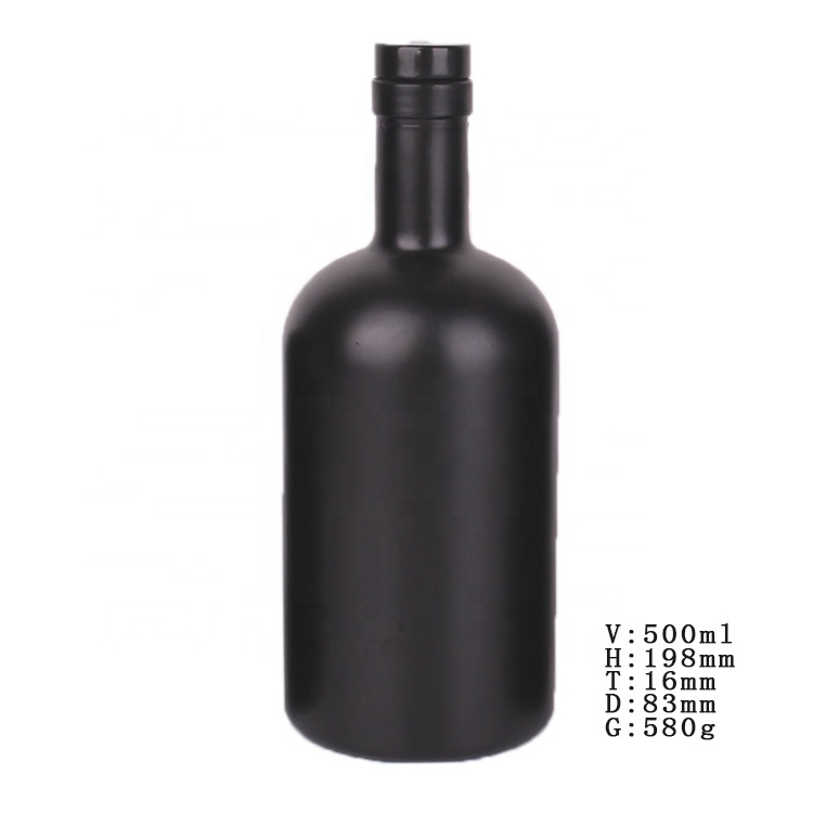 Empty 500ml matte black wine liquor vodka glass bottle with stopper