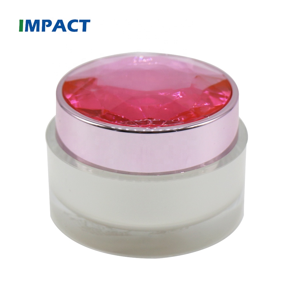 Empty 50g plastic round shape double wall cosmetic pink acrylic jar with gemstone lid