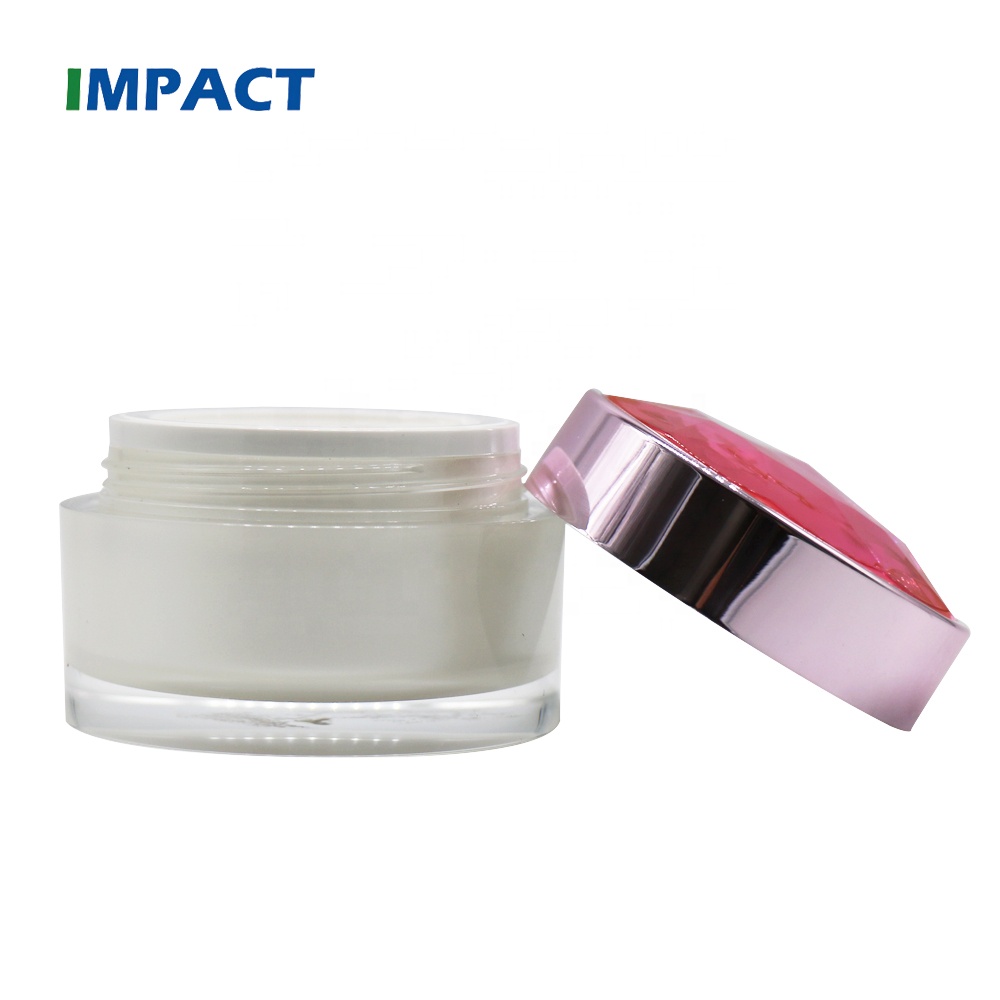 Empty 50g plastic round shape double wall cosmetic pink acrylic jar with gemstone lid
