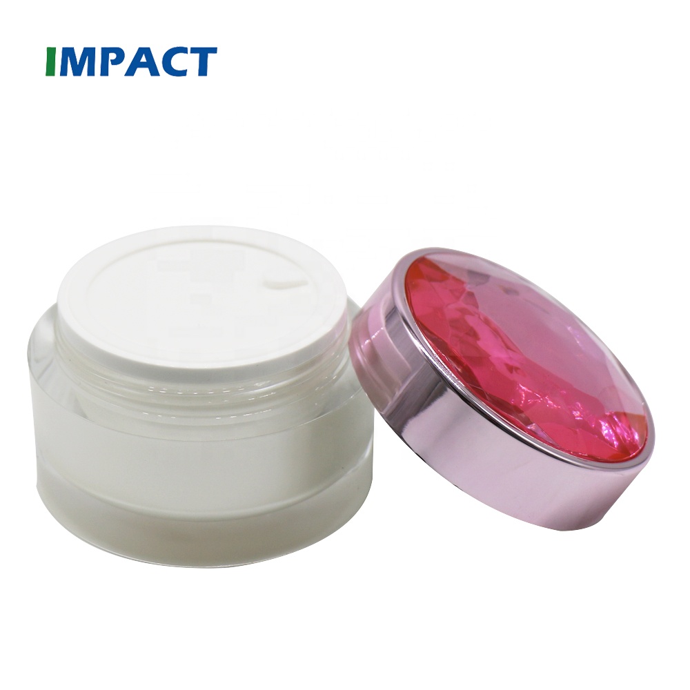 Empty 50g plastic round shape double wall cosmetic pink acrylic jar with gemstone lid