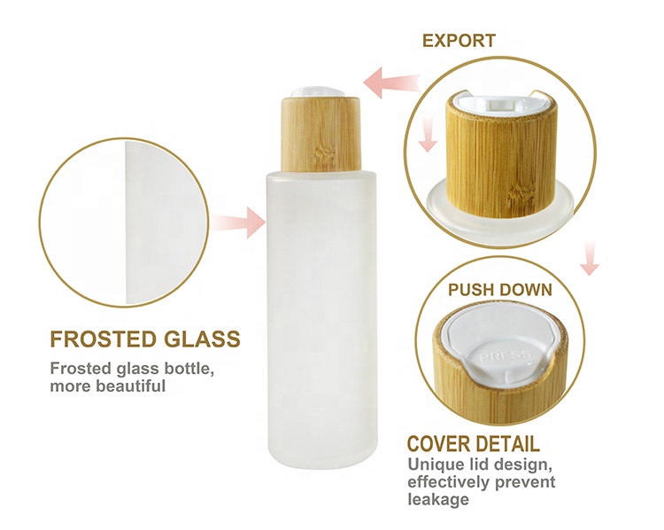Empty 50ml 100ml 120ml 150ml flat shoulder clear frosted shampoo glass bottle with bamboo disc top