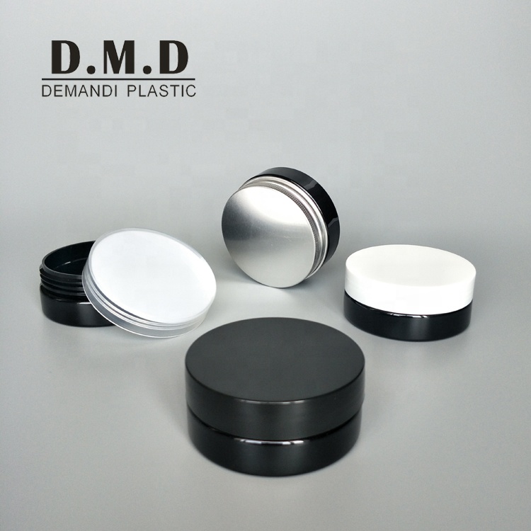 Empty 50ml 60ml 80ml 100ml 120ml 150ml 200ml 250ml black plastic PET jar with aluminum lid