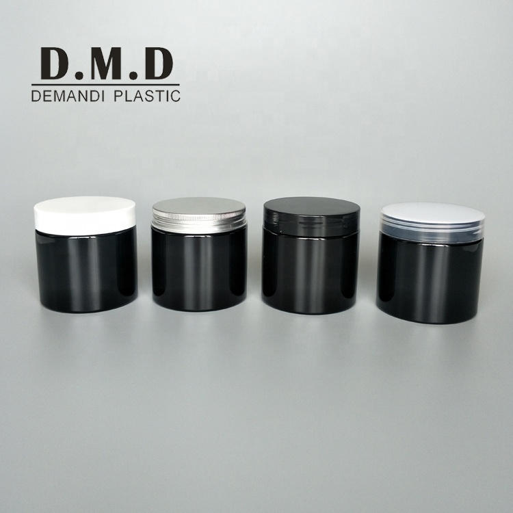 Empty 50ml 60ml 80ml 100ml 120ml 150ml 200ml 250ml black plastic PET jar with aluminum lid