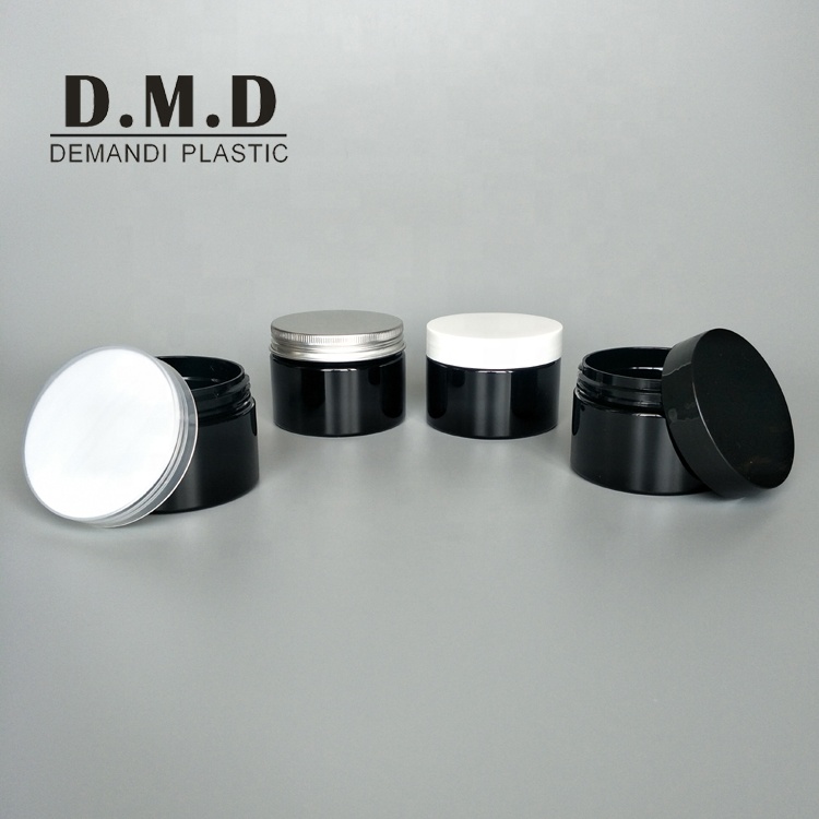 Empty 50ml 60ml 80ml 100ml 120ml 150ml 200ml 250ml black plastic PET jar with aluminum lid