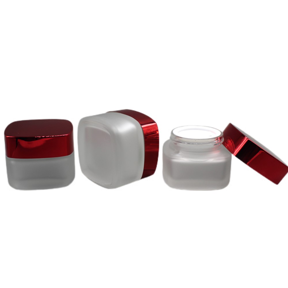 Empty 50ml Clear Frosted Glass Square Cosmetic Jar with Double Wall Lid