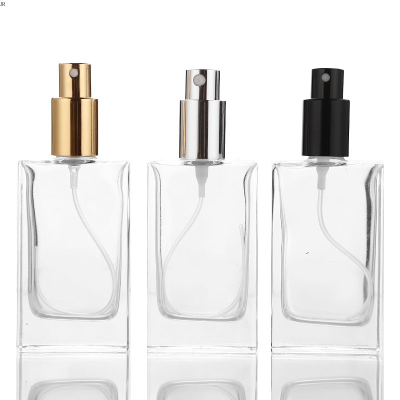 Empty 50ml Rectangle Square Clear Refillable Perfume Glass Bottles Glass Spray Parfum Bottle Wholesale