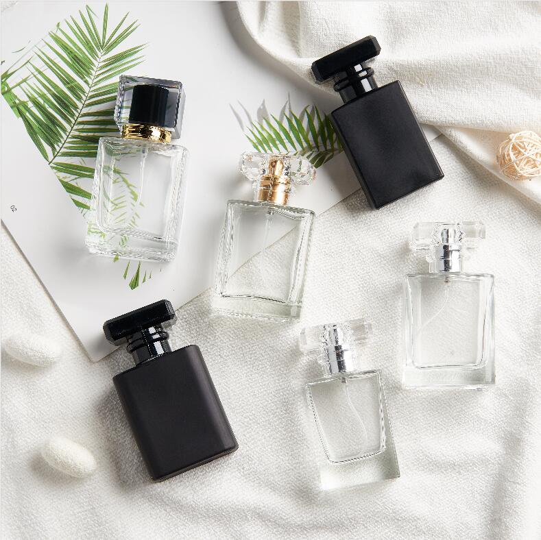Empty 50ml Thick Quality Square Clear&Matte Black Container Refillable Glass Spray Perfume Bottles Wholesale