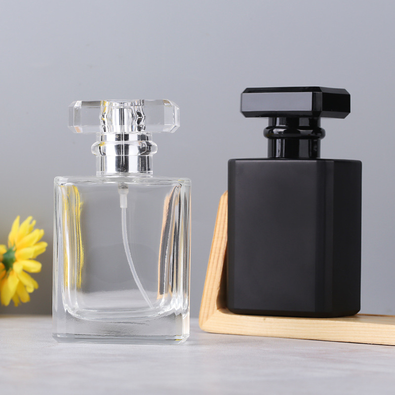 Empty 50ml Thick Quality Square Clear&Matte Black Container Refillable Glass Spray Perfume Bottles Wholesale