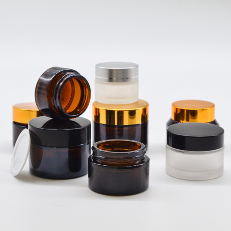 Empty 5g 10g 30g 50g frosted amber glass cosmetic cream jar and containers with black plastic cap for cream jar