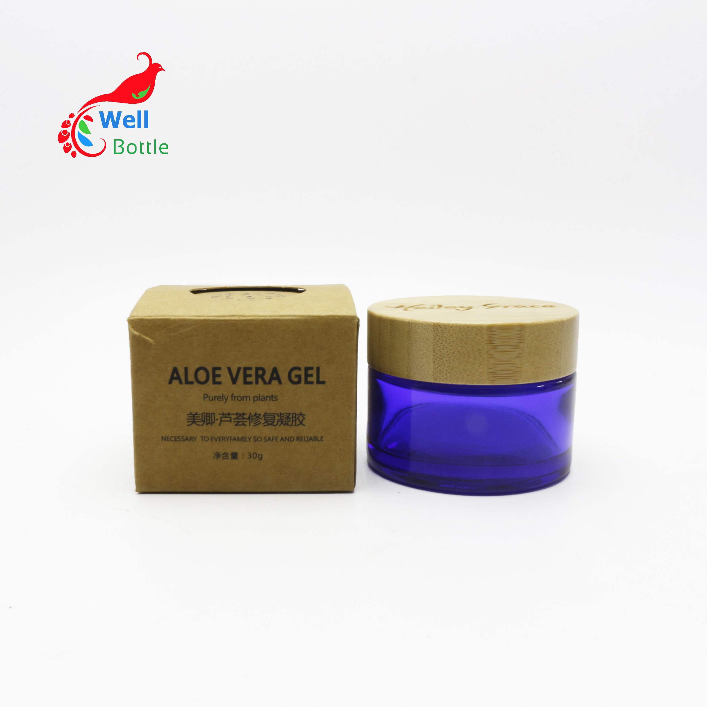 Empty 5g 15g 30g 50g 100 g blue glass cream jar cosmetic glass pots bamboo lid for lotion balm J011E