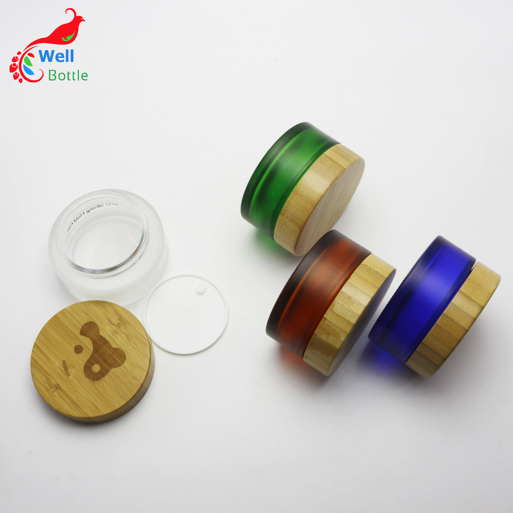 Empty 5g 15g 30g 50g 100 g blue glass cream jar cosmetic glass pots bamboo lid for lotion balm J011E